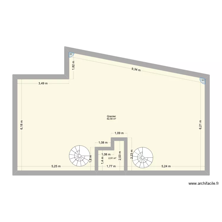 comble. Plan de 2  et 85 m²
