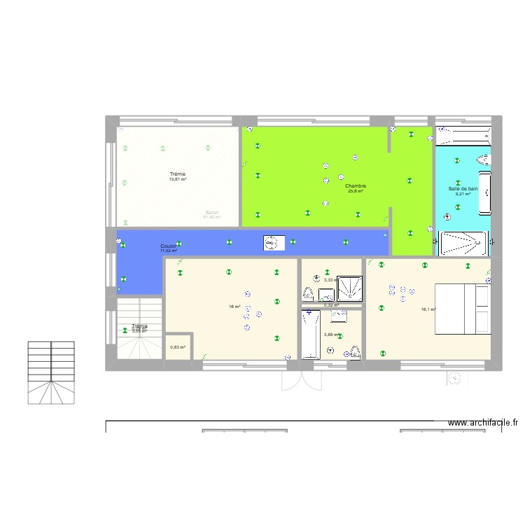 Pieuvre. Plan de 19 pièces et 218 m2
