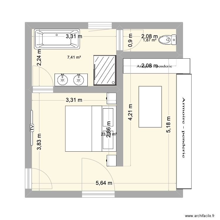 suite parentale vrai hypothese 1. Plan de 3 pièces et 33 m2