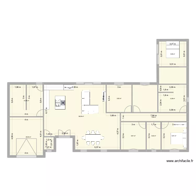 maison plein pied. Plan de 10  et 158 m²