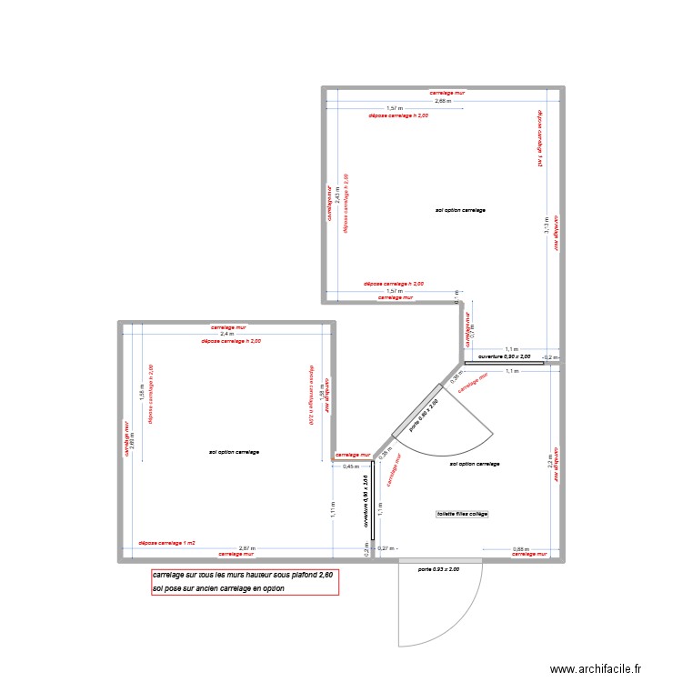 carrelage toilette collège filles. Plan de 3 pièces et 18 m2