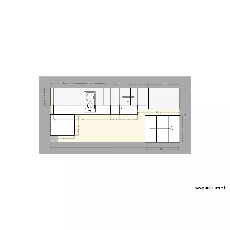 cuisine. Plan de 1  et 4 m²