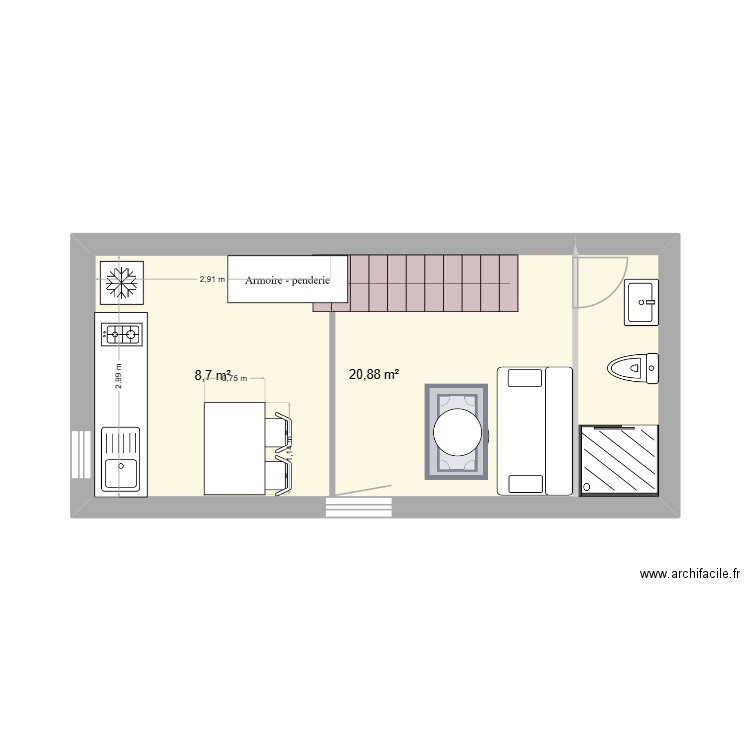 camb + etage. Plan de 2 pièces et 30 m2