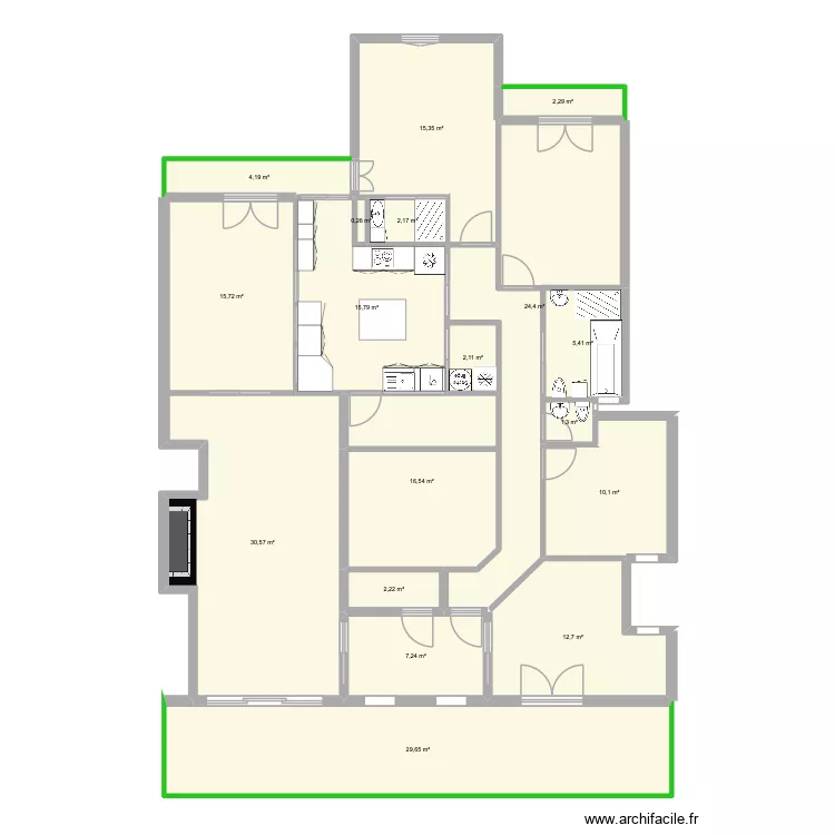 Solonos 100 plan - V2 sdb ds cuisine. Plan de 18  et 198 m²
