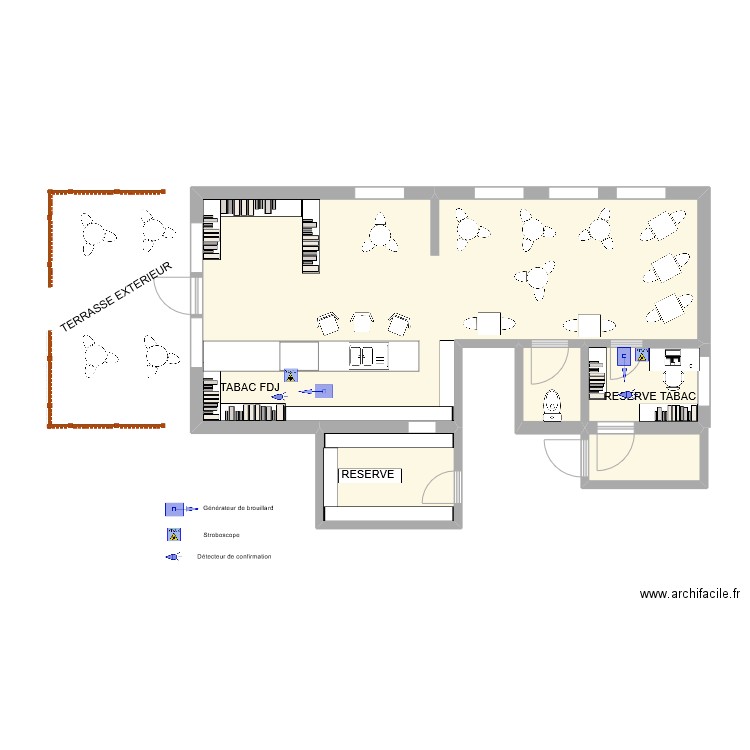 TAbac CAFE DES SPORT generateur de brouillard. Plan de 5 pièces et 56 m2