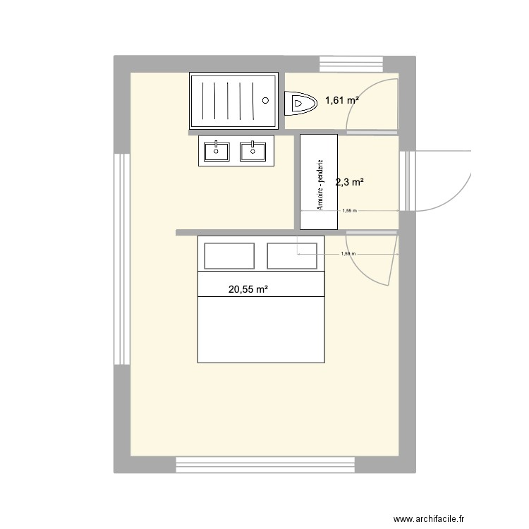 chambre bas. Plan de 3 pièces et 24 m2