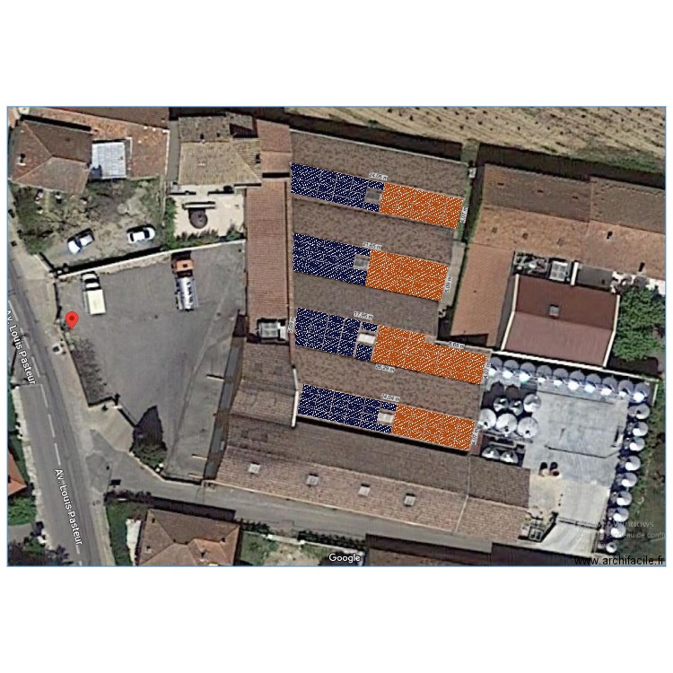 plan côté BV 4 pans 96 panneaux photovoltaïques rubis et 90 noirs. Plan de 0 pièce et 0 m2