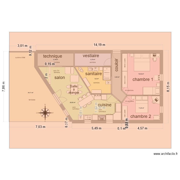 Maison sud toiture 05. Plan de 8 pièces et 121 m2