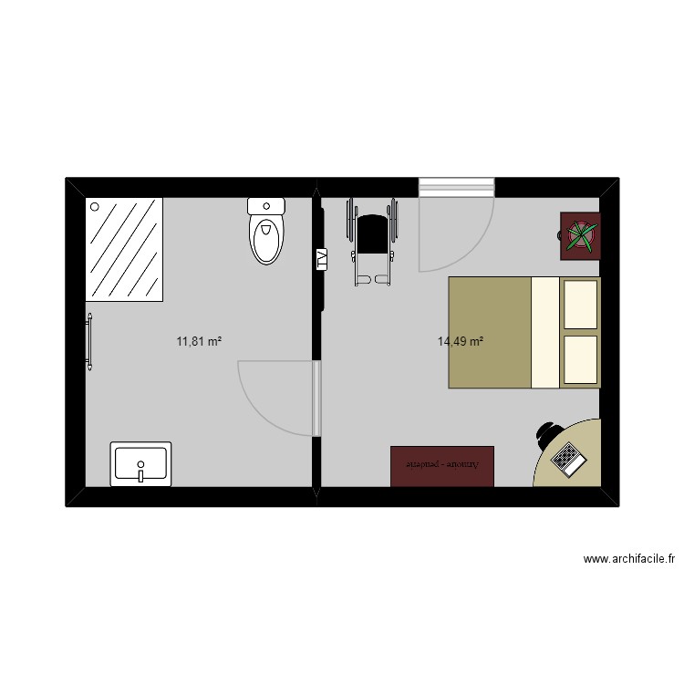 chambre ehpad. Plan de 2 pièces et 26 m2