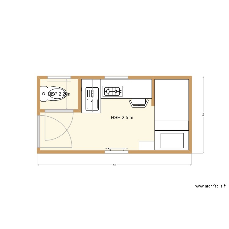caisson. Plan de 2 pièces et 7 m2