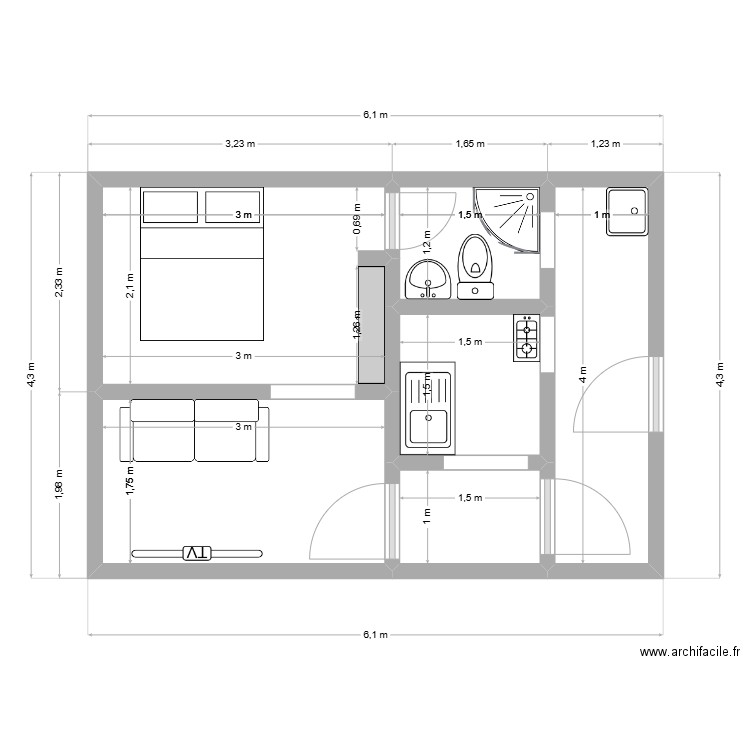 studio 4. Plan de 6 pièces et 21 m2