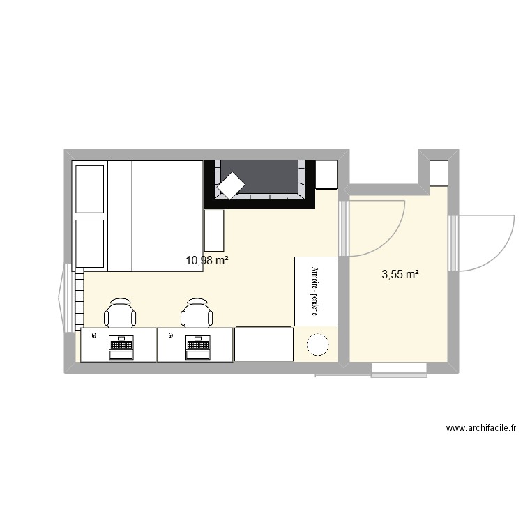 chambre avec mur. Plan de 2 pièces et 15 m2