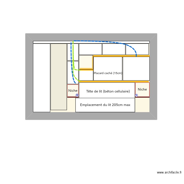 Chambre 1 - Ebauche tête de lit . Plan de 1 pièce et 10 m2