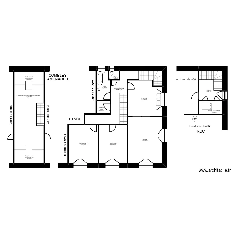 Plan Derine &agrave; Niherne Existant. Plan de 16  et 127 m²