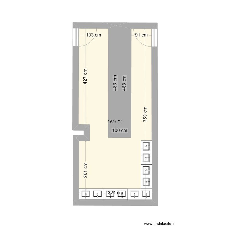 casiers labo. Plan de 1 pièce et 19 m2