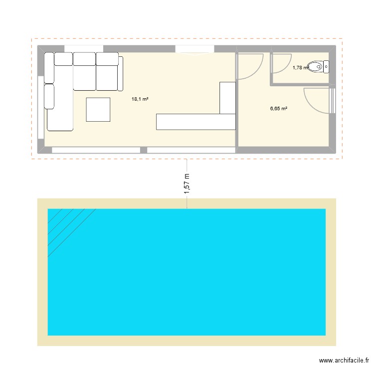 piscine. Plan de 3 pièces et 27 m2