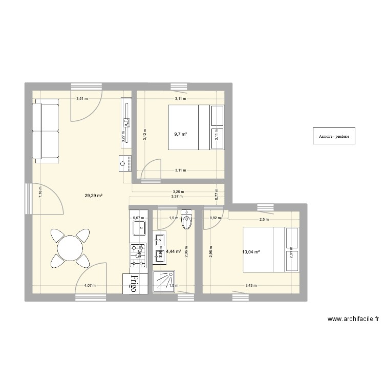 Plan G. Plan de 4 pièces et 53 m2