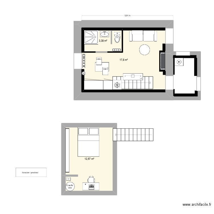 grenier. Plan de 3 pièces et 37 m2