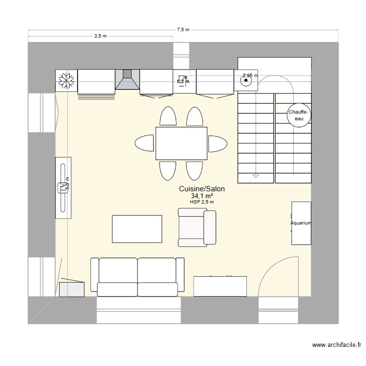 RDC. Plan de 1 pièce et 34 m2
