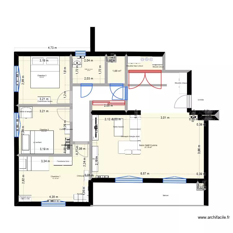 Am&eacute;nagement mobiliers. Plan de 11  et 68 m²