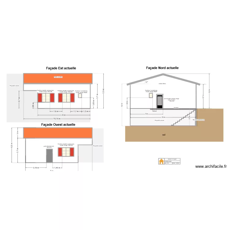 Fa&ccedil;ade avant travaux. Plan de 20  et 177 m²