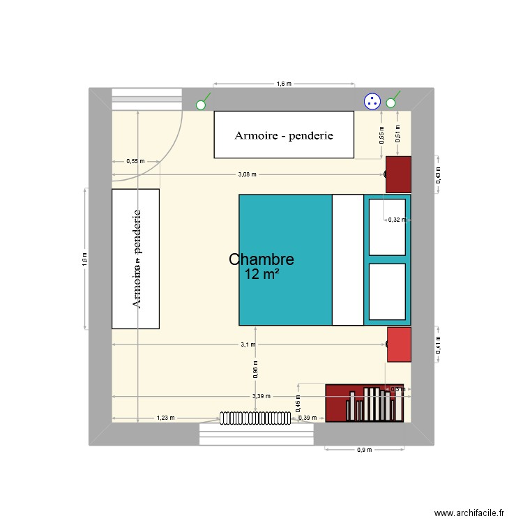 Chambre Haut. Plan de 1 pièce et 12 m2