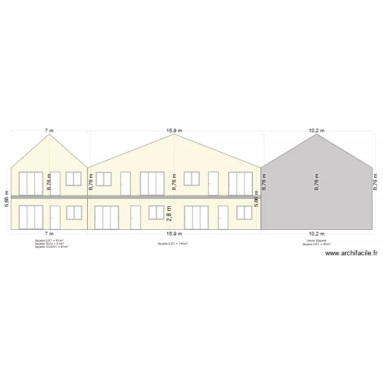 plan fa&ccedil;ade T2+T3 sans arase. Plan de 