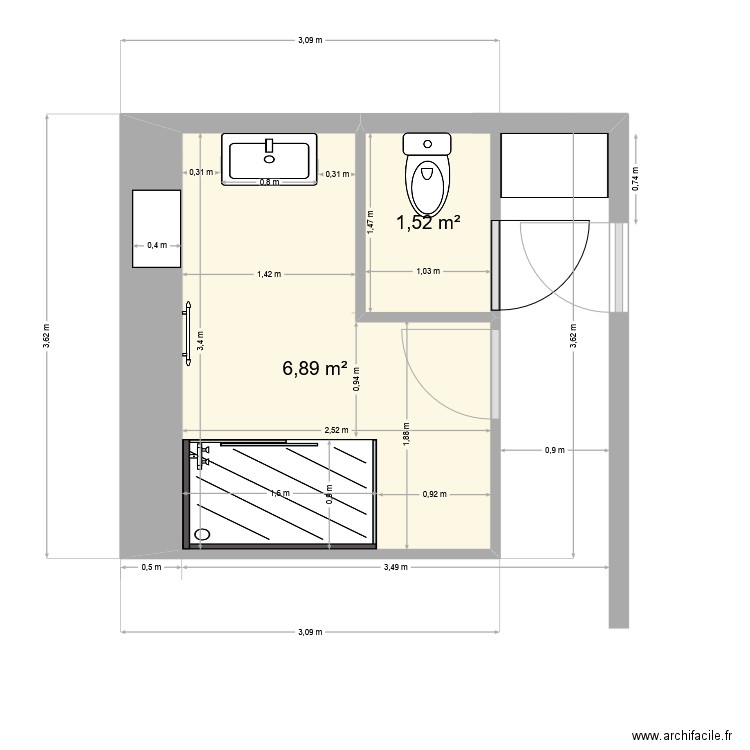 salle de bain. Plan de 2 pièces et 8 m2
