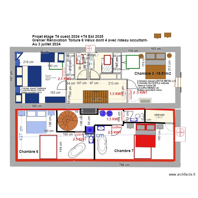 PProjet ETAGE T5 - 4 chambres colimaçon. Plan de 7 pièces et 20 m2