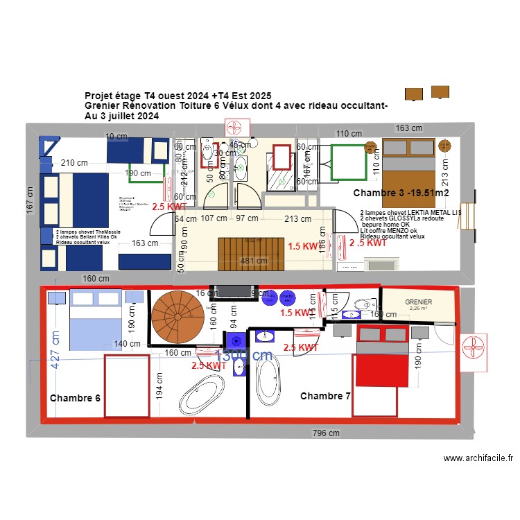 PProjet ETAGE T5 - 4 chambres colimaçon. Plan de 7 pièces et 51 m2