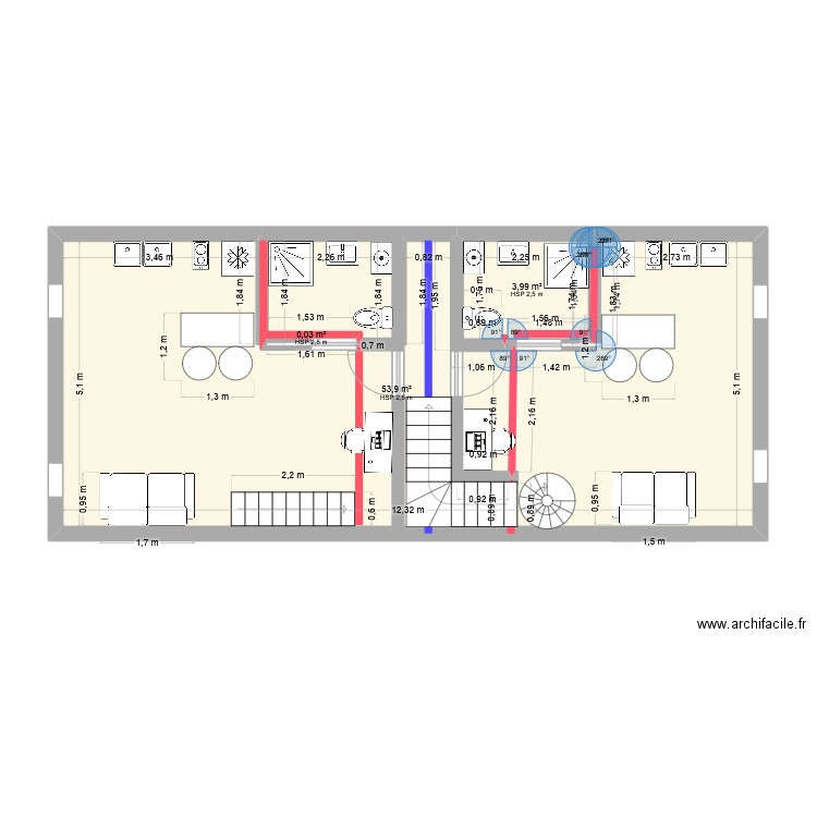 BOUFFIER 3e - Studio droite. Plan de 3 pièces et 60 m2