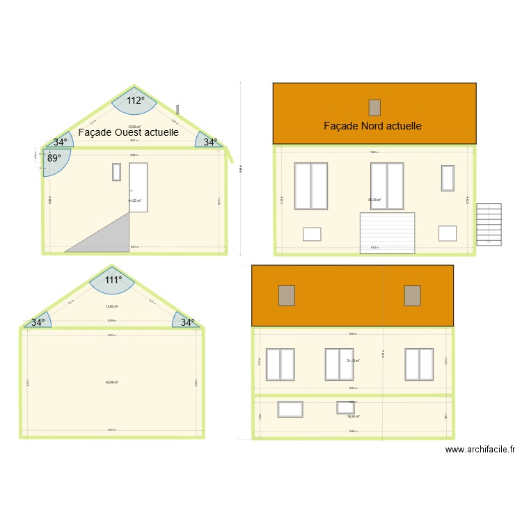 Plan de facade et toiture rénovation. Plan de 7 pièces et 217 m2