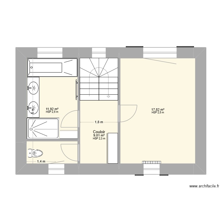 R+1 valayssac inversé. Plan de 3 pièces et 39 m2