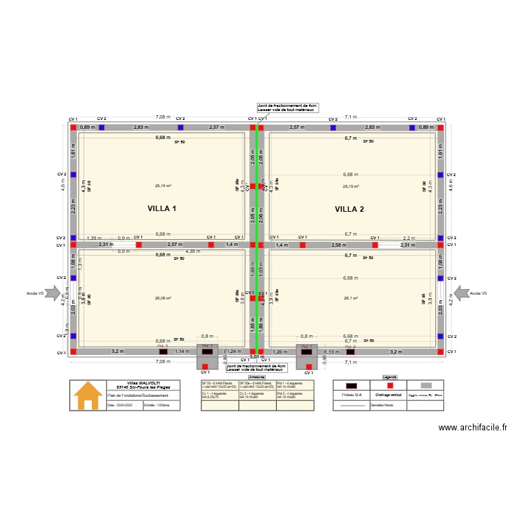 PLAN DE SOUBASSEMENT ET FONDATIONS - INDICE 0 - 30-04-25. Plan de 4 pièces et 110 m2