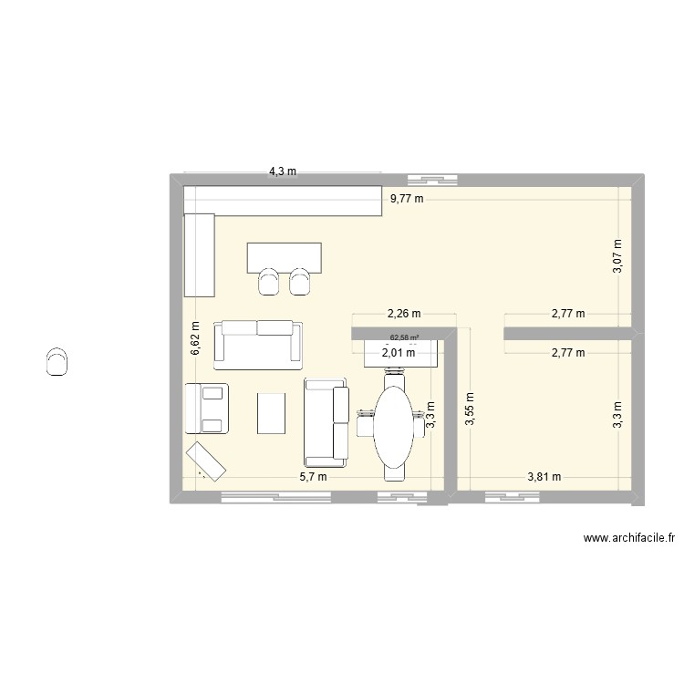pouf. Plan de 1 pièce et 63 m2