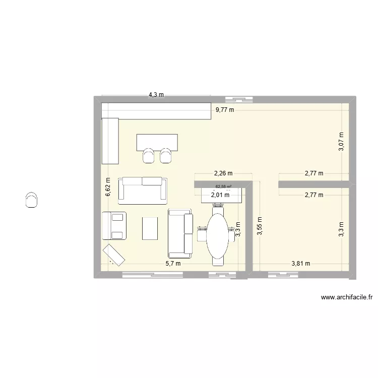 pouf. Plan de 1 pièce et 63 m²