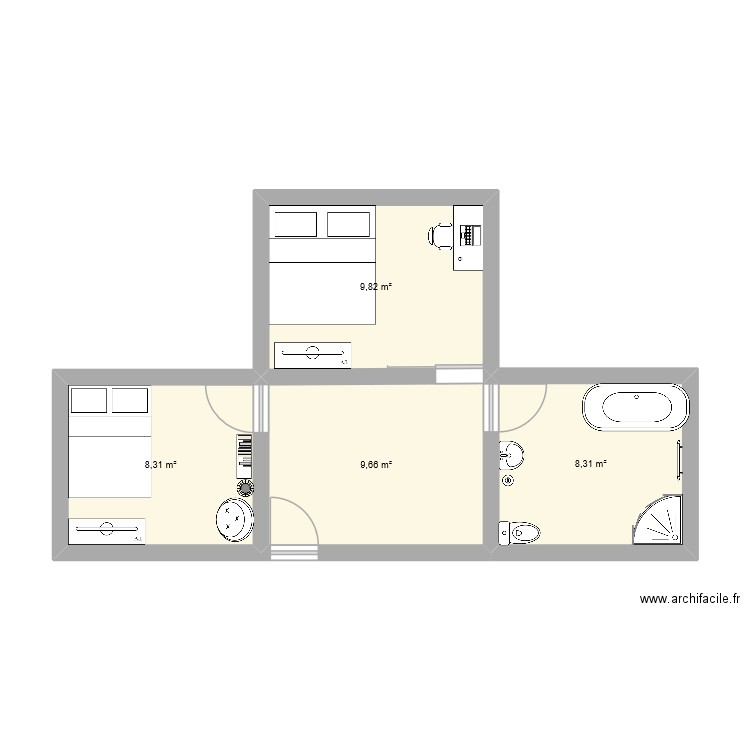 Sacha chambre. Plan de 4 pièces et 36 m2