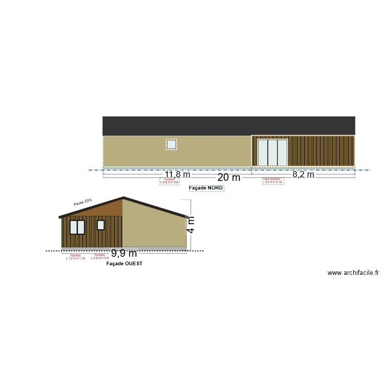PCMI 5 : Plan de façades et de toiture ( NORD et OUEST ). Plan de 0 pièce et 0 m2