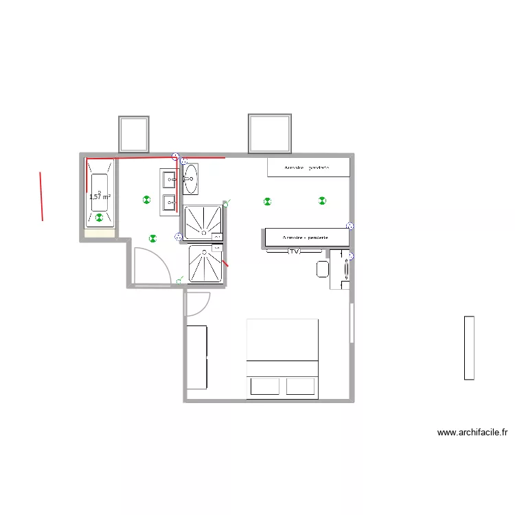 salle de bains. Plan de 1  et 2 m²