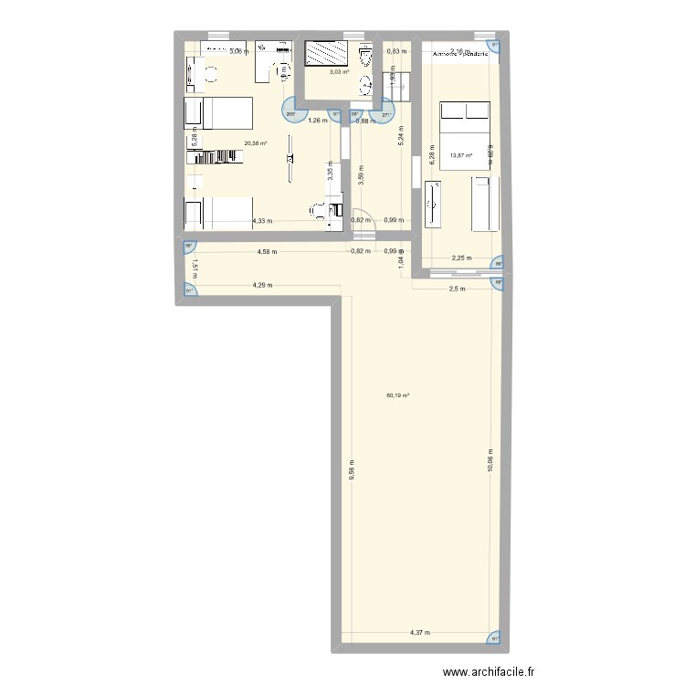 1er balcon et terrasse. Plan de 4 pièces et 97 m2