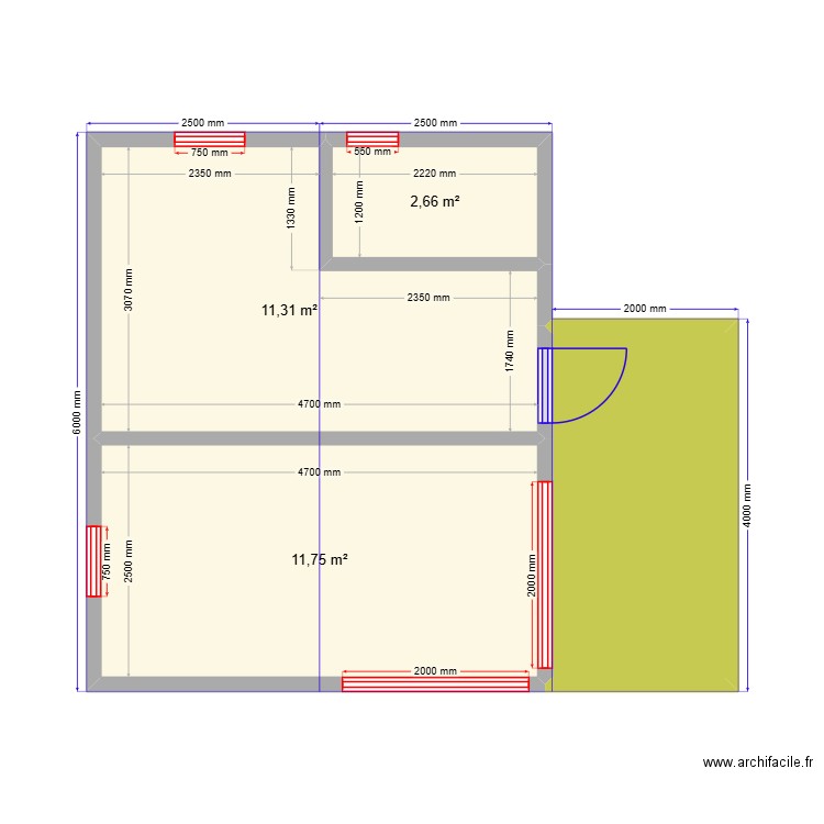 Глэмп 2м. Plan de 4 pièces et 33 m2