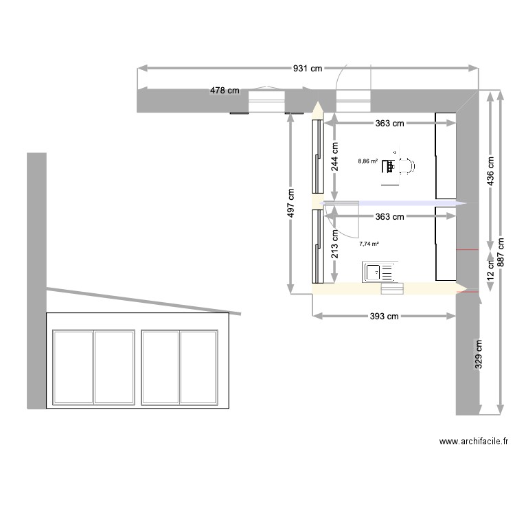 AGRANDISSEMENT BUREAU LINGERIE. Plan de 2 pièces et 17 m2