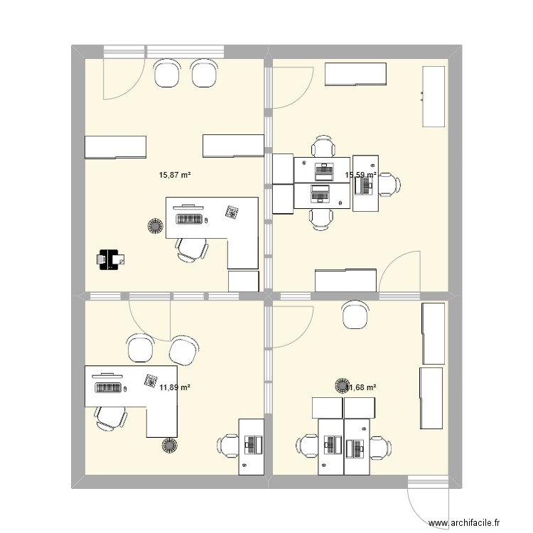cellule creanor samsic 3 bureaux. Plan de 4 pièces et 55 m2