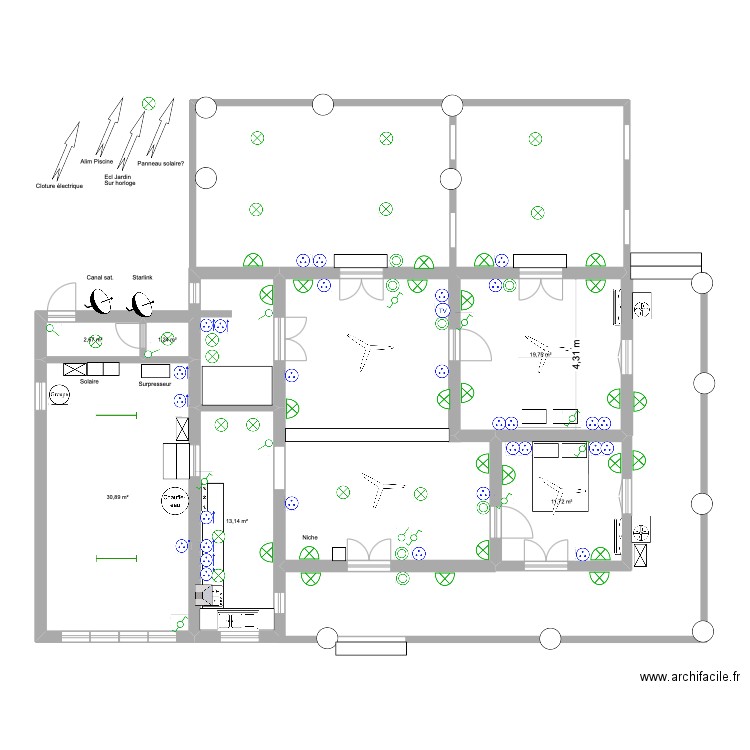 Maison Diégo. Electricité. Plan de 6 pièces et 79 m2