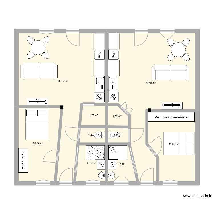 Poste4. Plan de 10 pièces et 92 m2