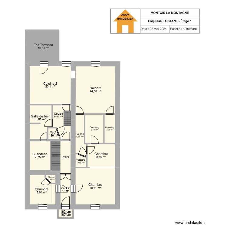 MONTOIS LA MONTAGNE - EXISTANT - ETAGE 1. Plan de 18 pièces et 146 m2