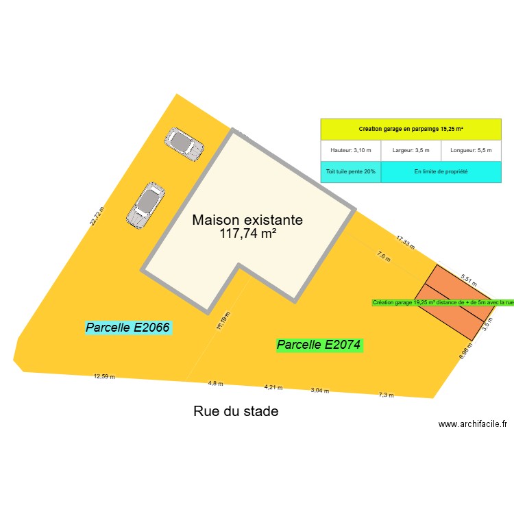 Plan masse projet Parcelles E2074 et E2066 cloture. Plan de 1 pièce et 118 m2