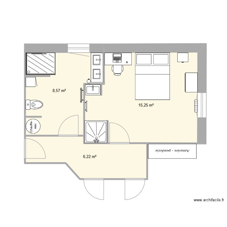 sal de bain Léa. Plan de 3 pièces et 30 m2