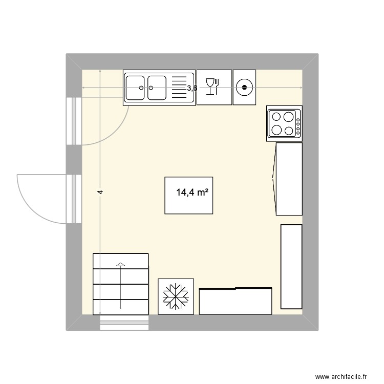 Malmazet cuisine. Plan de 1 pièce et 14 m2