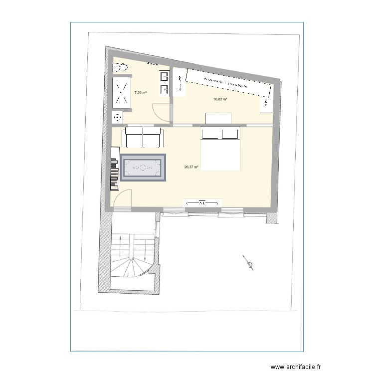Villiers Parents. Plan de 3 pièces et 44 m2